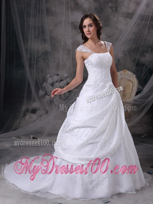 White Square Court Train Elegant Wedding Dresses with Embroidery